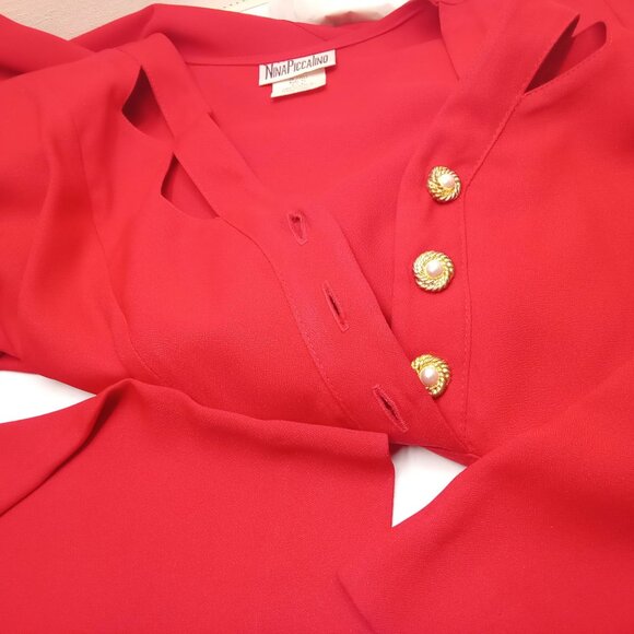 Vintage '80s Nina Piccalino Dress Power Shoulder Cut-outs Pockets Pleats (M/8) - Picture 9 of 15